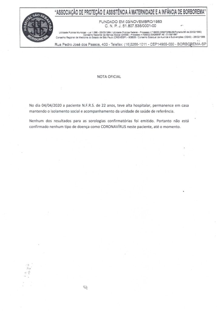 No dia 04/04/2020 a paciente N.F.R.S. de 22 anos , teve alta hospitalar...